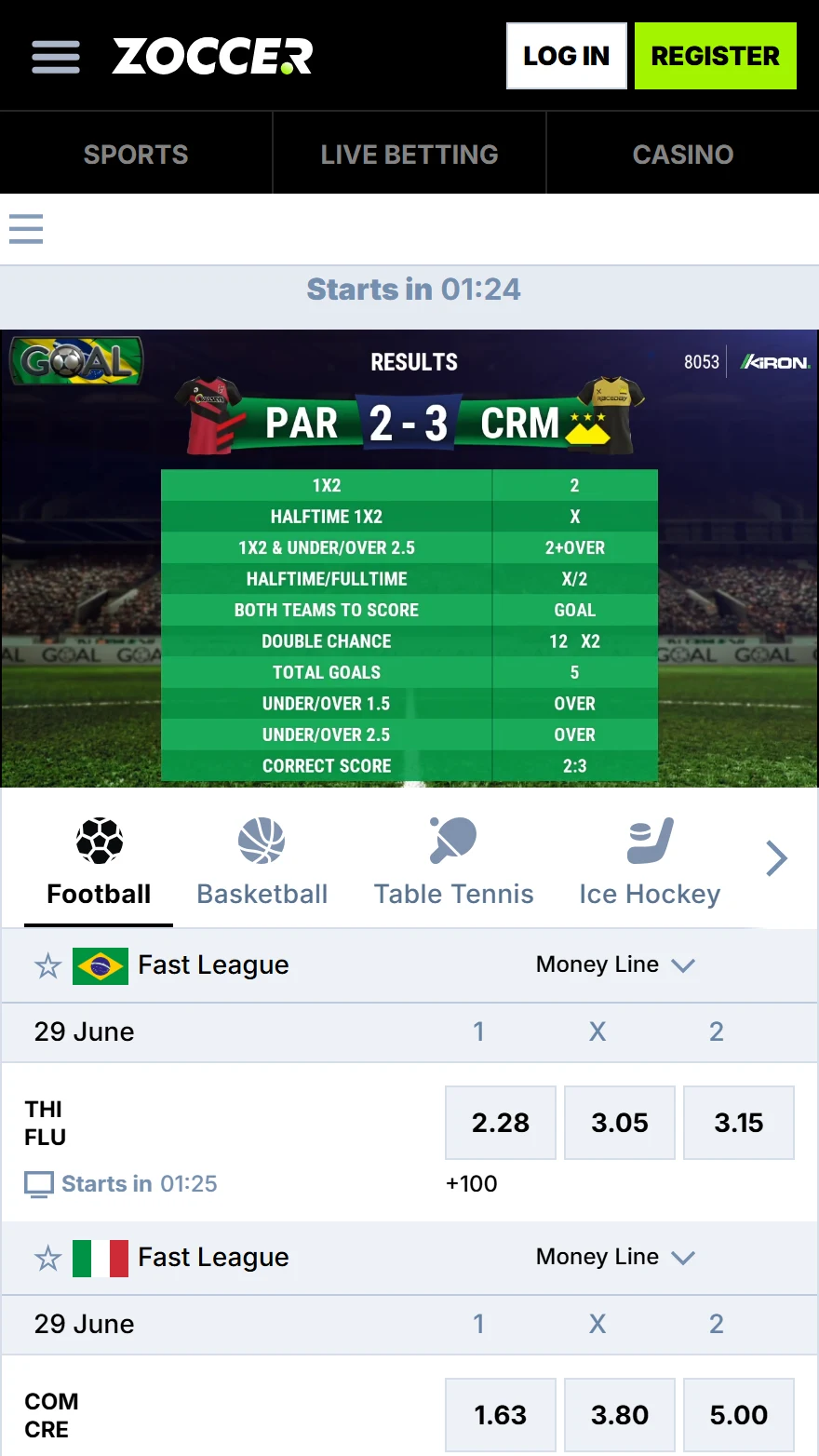 Zoccer virtual sports betting page