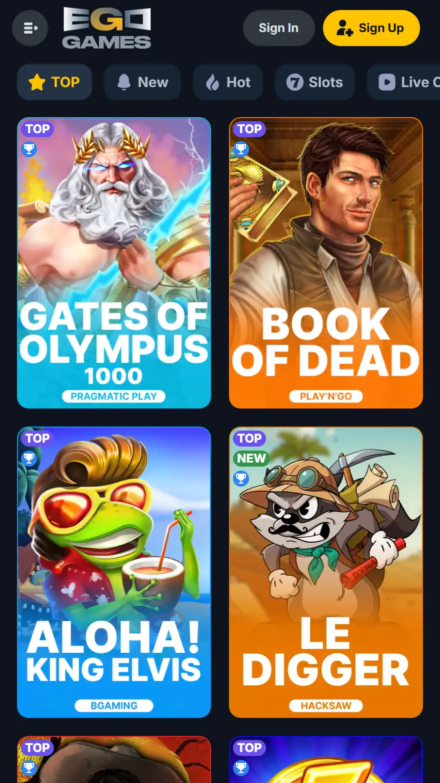 EgoGames kazino spēļu lapa