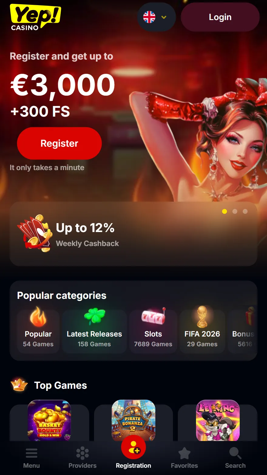 Yep Casino početna stranica