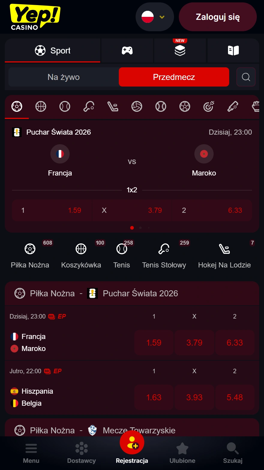 Strona z zakładami sportowymi w Yep Casino
