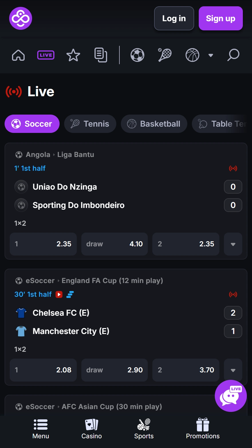 CoinCasino live sports betting page