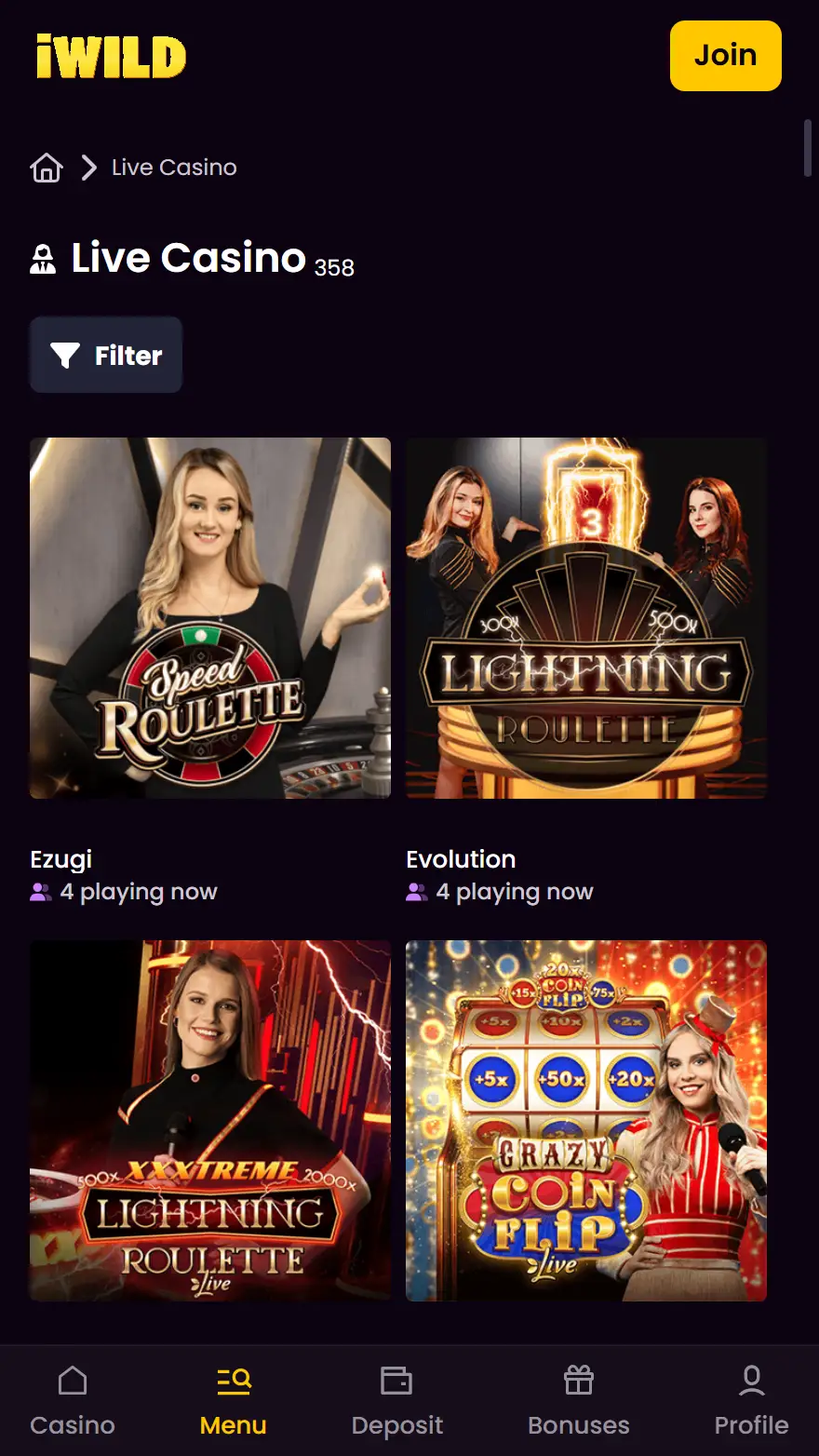 iWild Casino live casino page