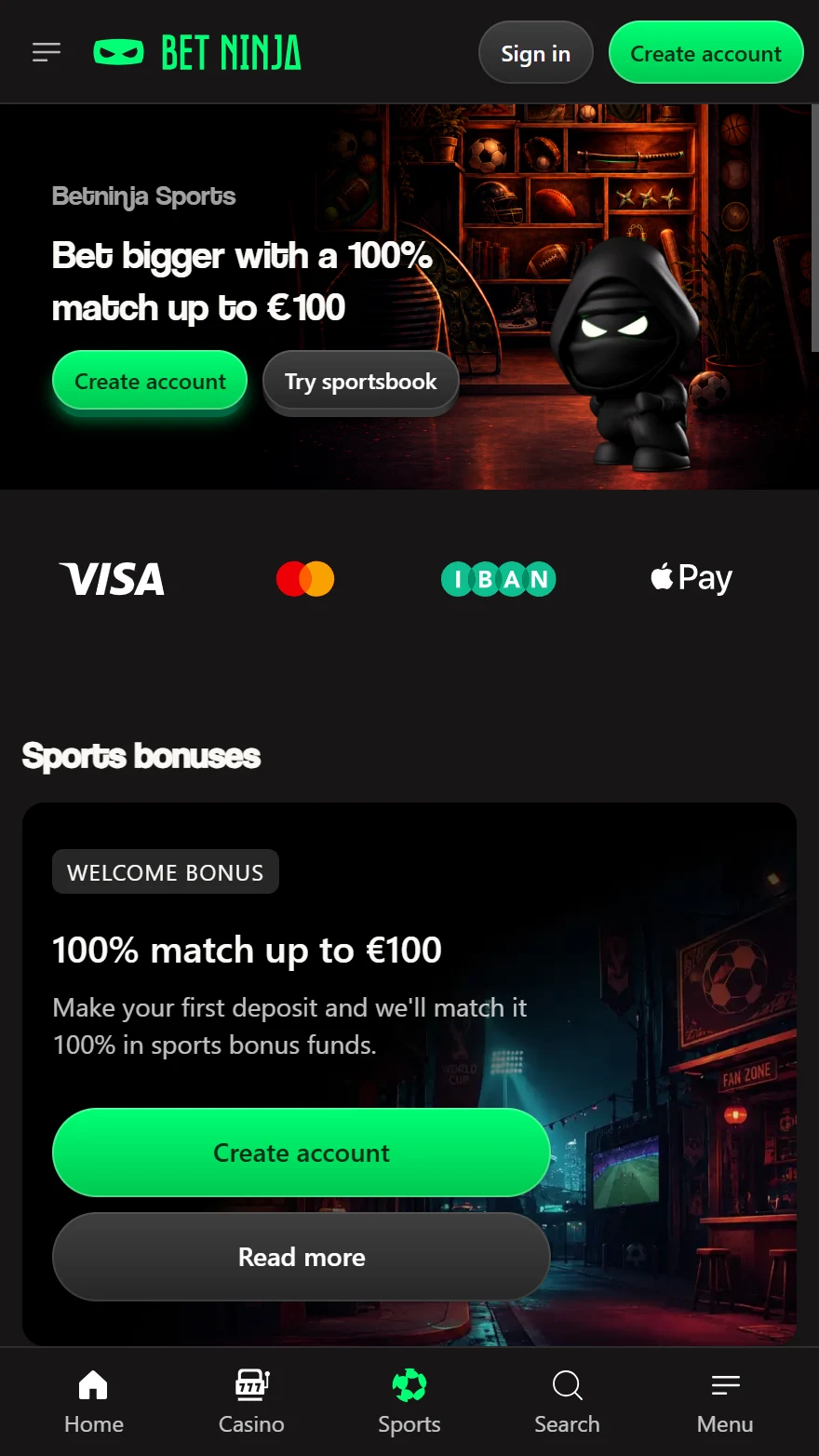 BetNinja sportsbook homepage