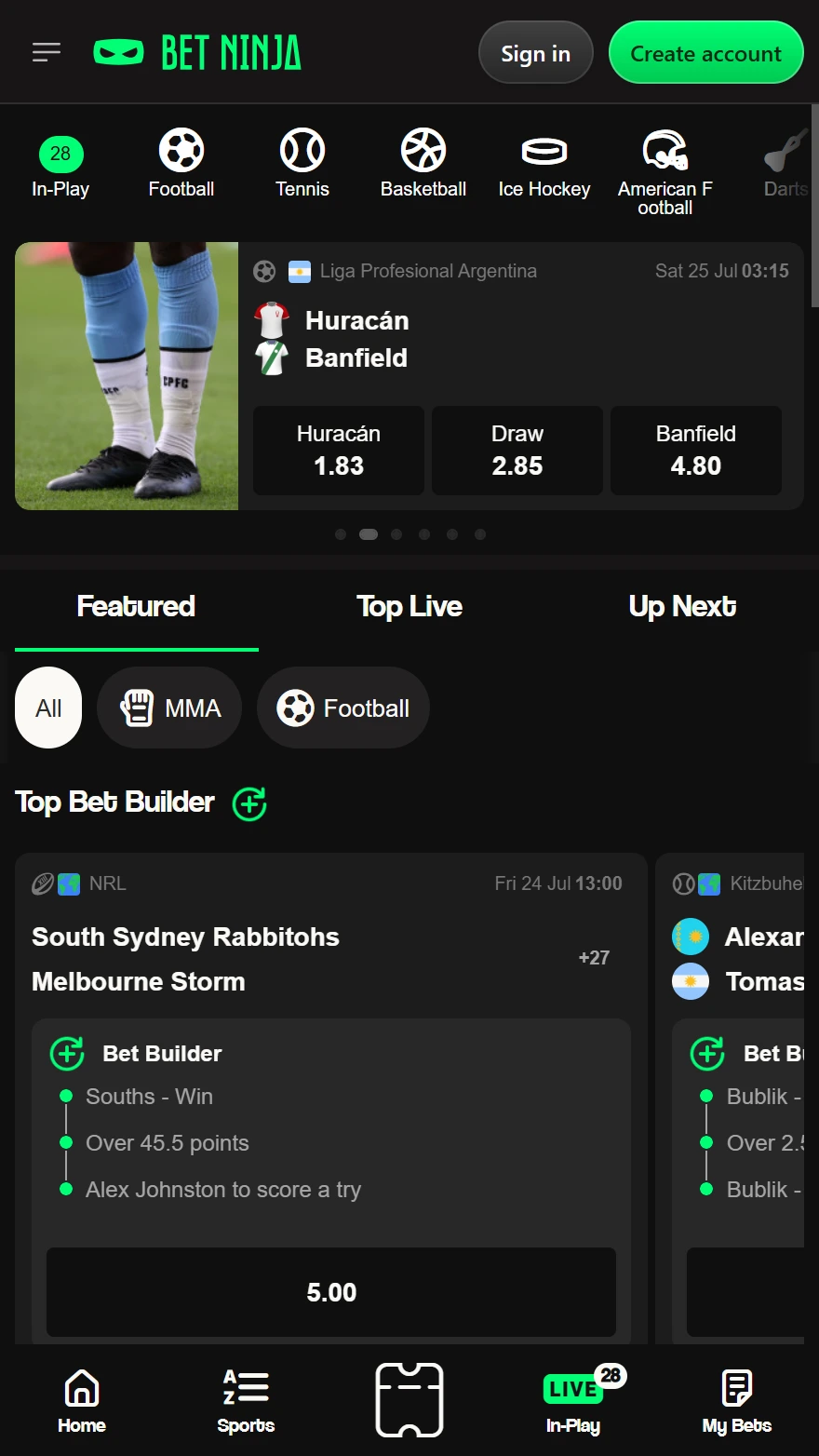 BetNinja sports betting page