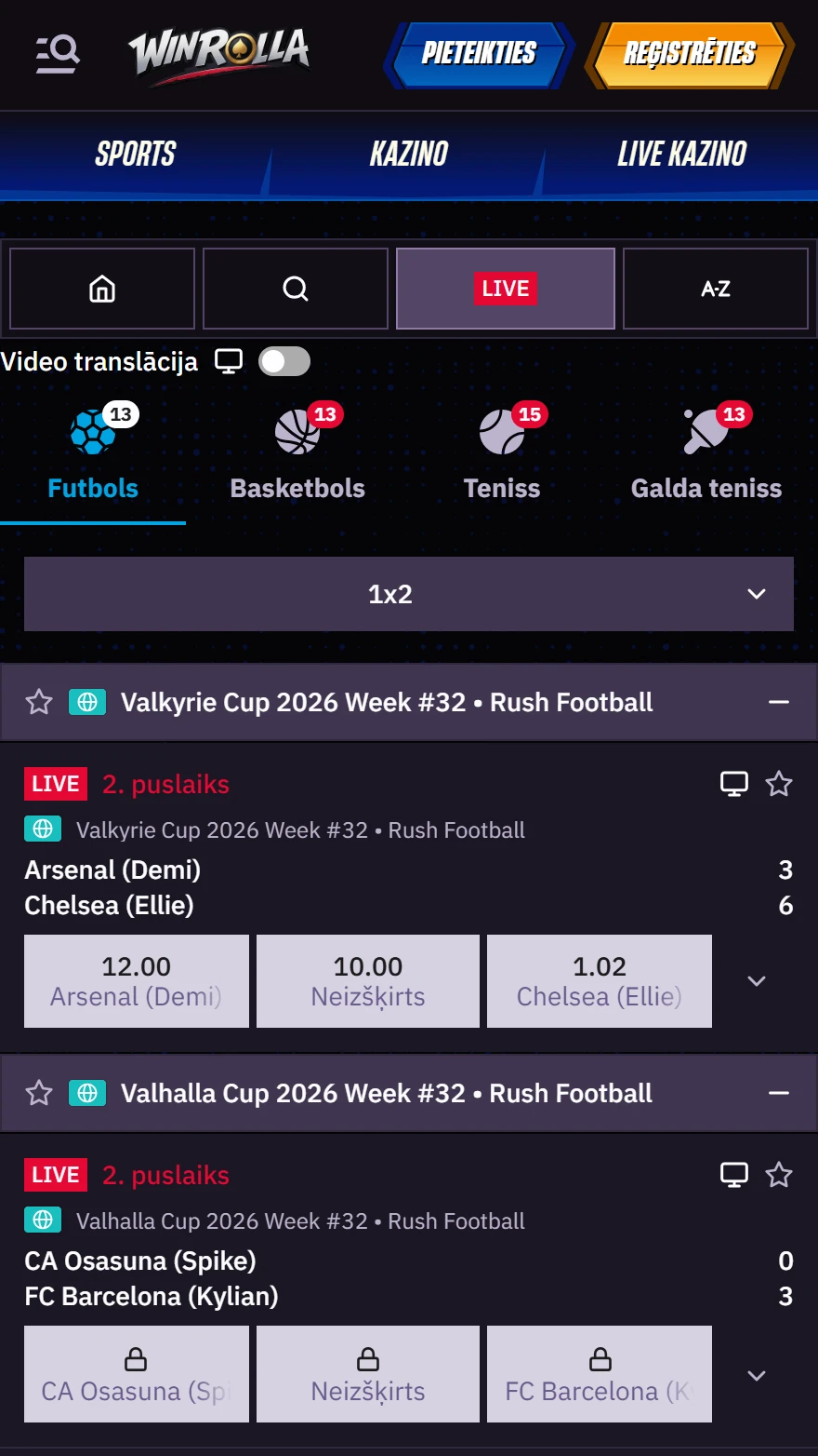 WinRolla live sporta likmju lapa