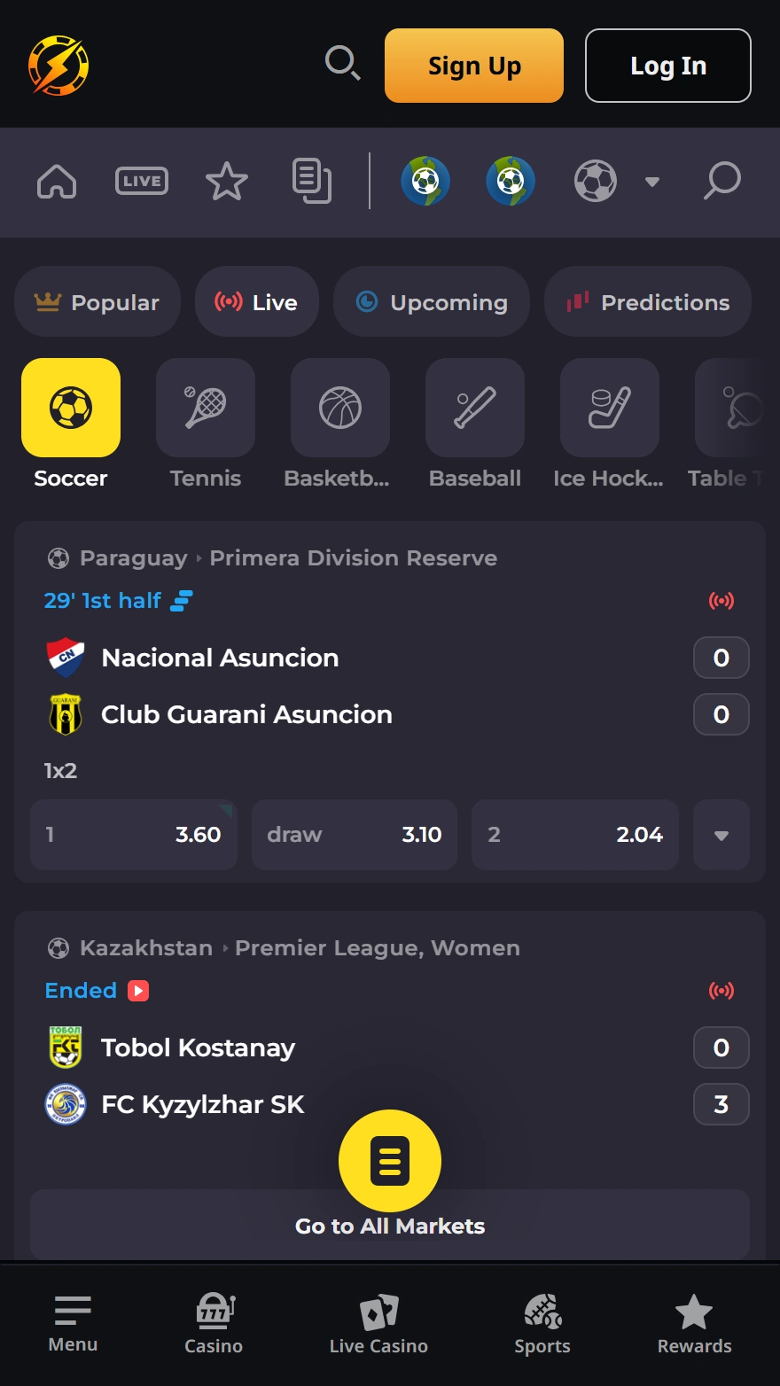 Instant Casino live sports betting page