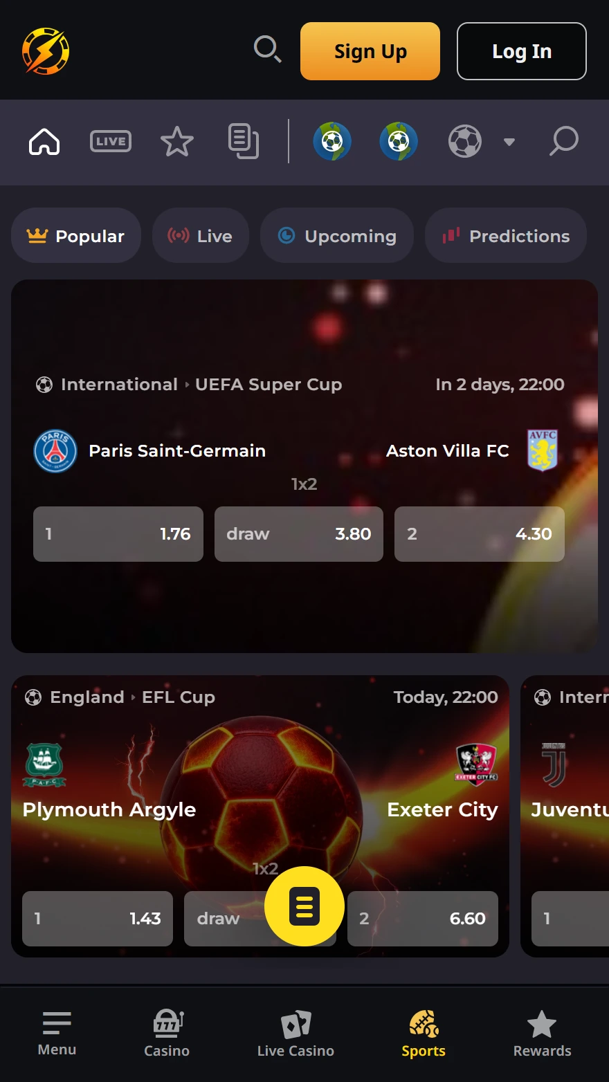 Instant Casino sports betting page