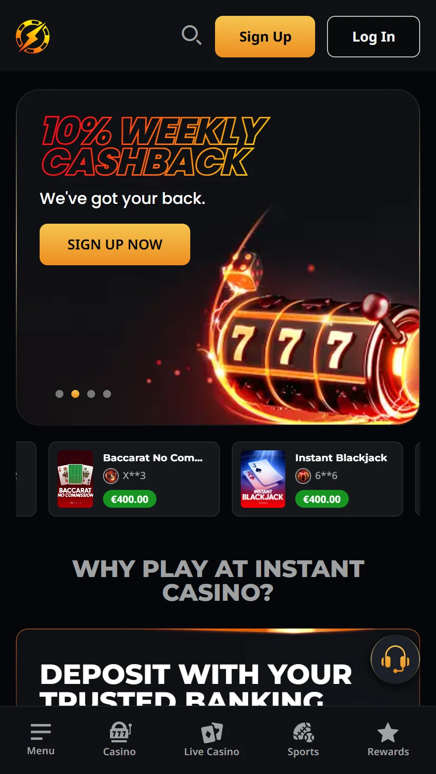 Instant Casino homepage