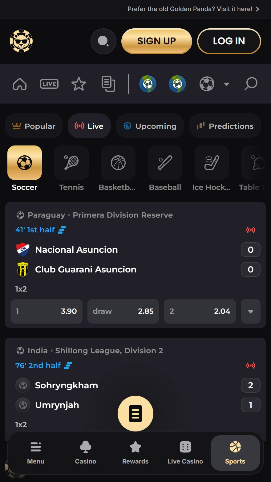 Golden Panda live sports betting page