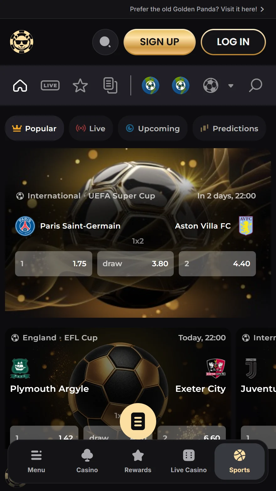 Golden Panda sports betting page