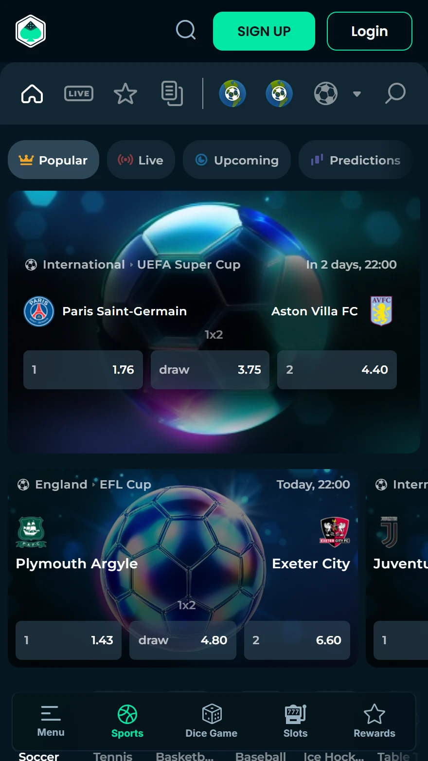 MegaDice sports betting page
