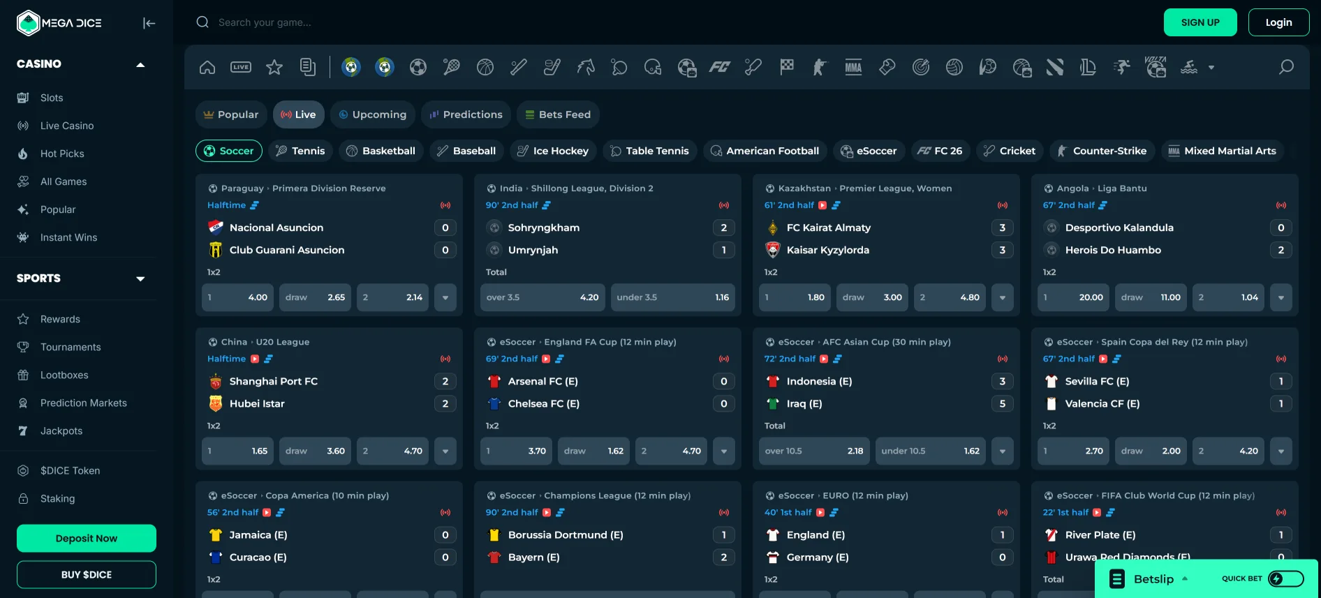 MegaDice live sports betting