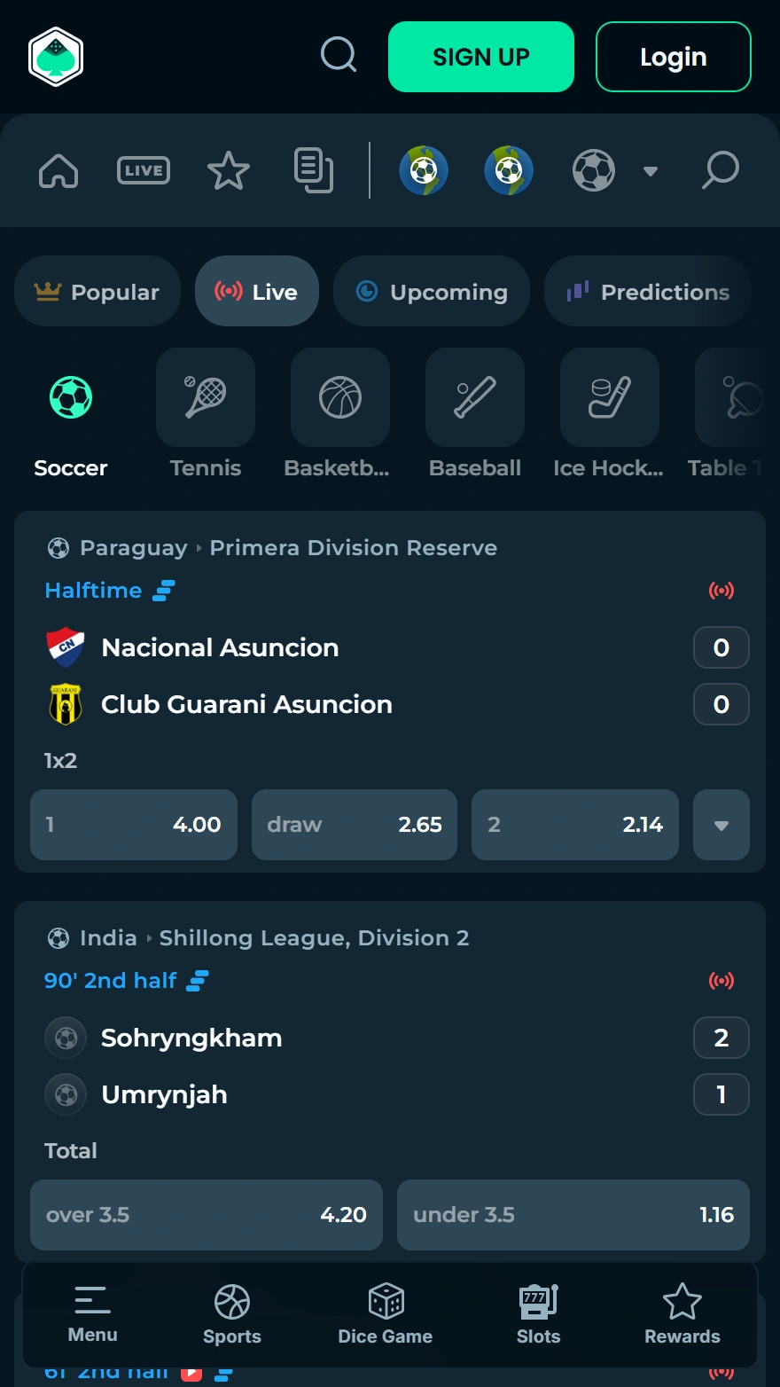 MegaDice live sports betting page