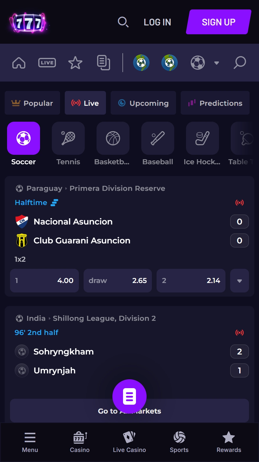Fast Slots live sports betting page