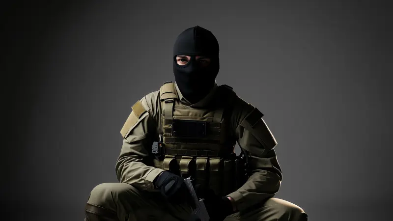 Tactical counter-terrorist operator in matte-black balaclava and plain plate carrier, editorial studio lighting on charcoal backdrop — CS2 agent skins illustration