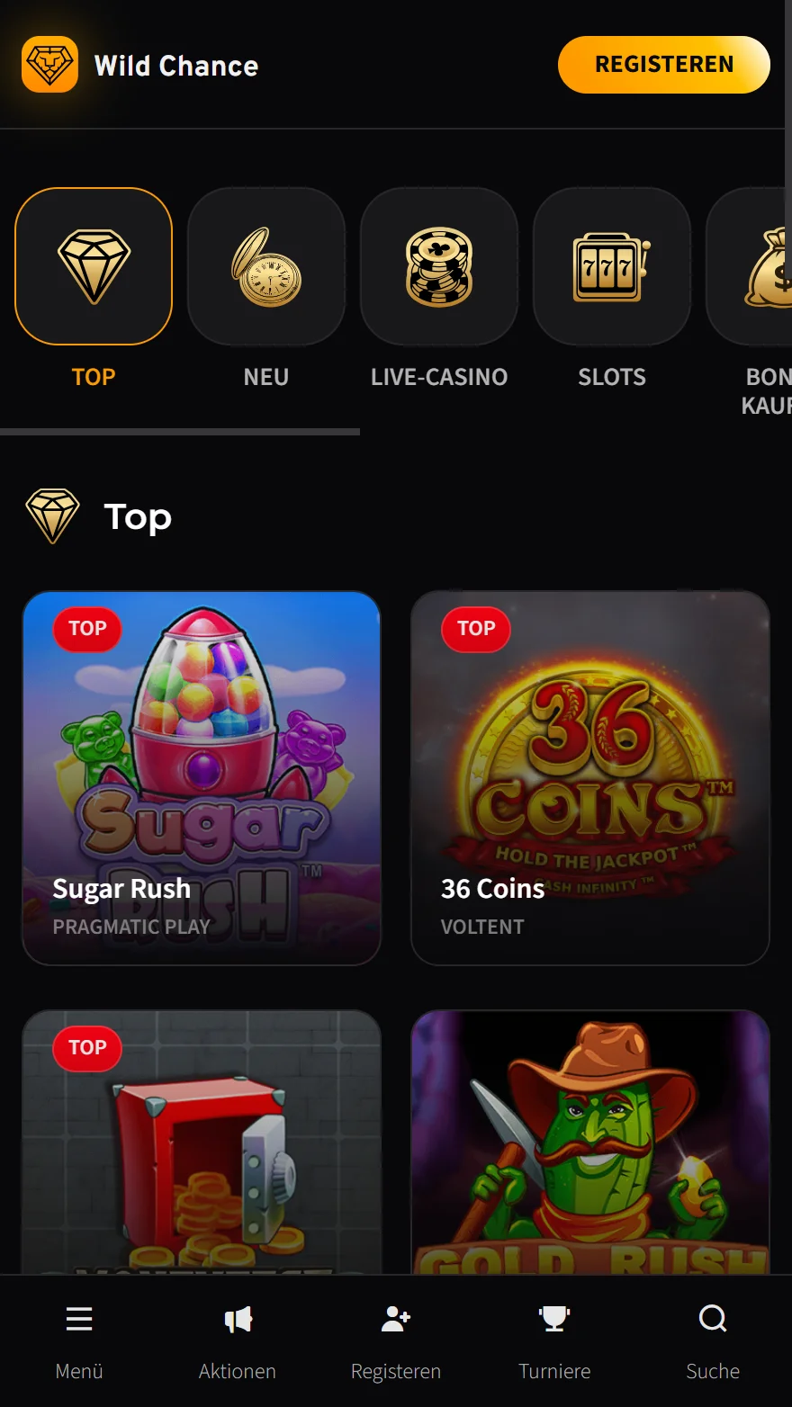 Wild Chance Casino-Spieleseite