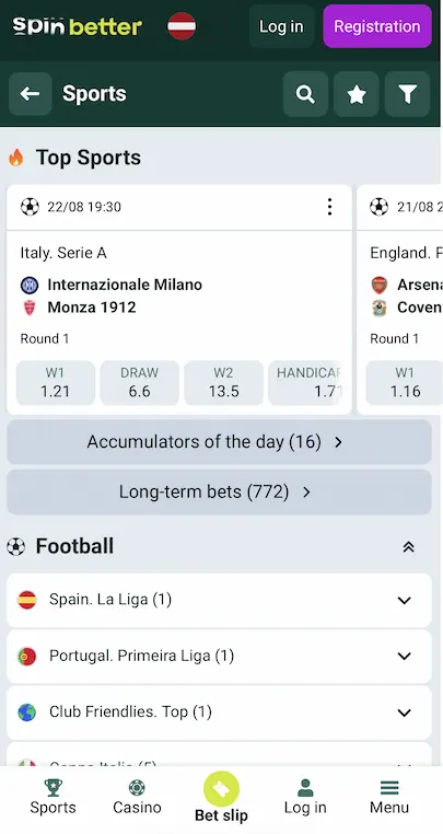 SpinBetter futbola likmu piedāvājums