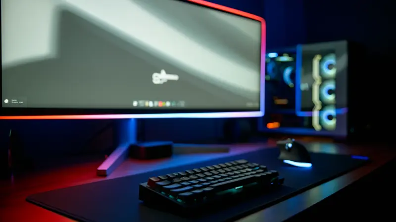 Gaming desk at night with keyboard, mouse mid-motion blur, and glowing monitor and PC tower in the background.