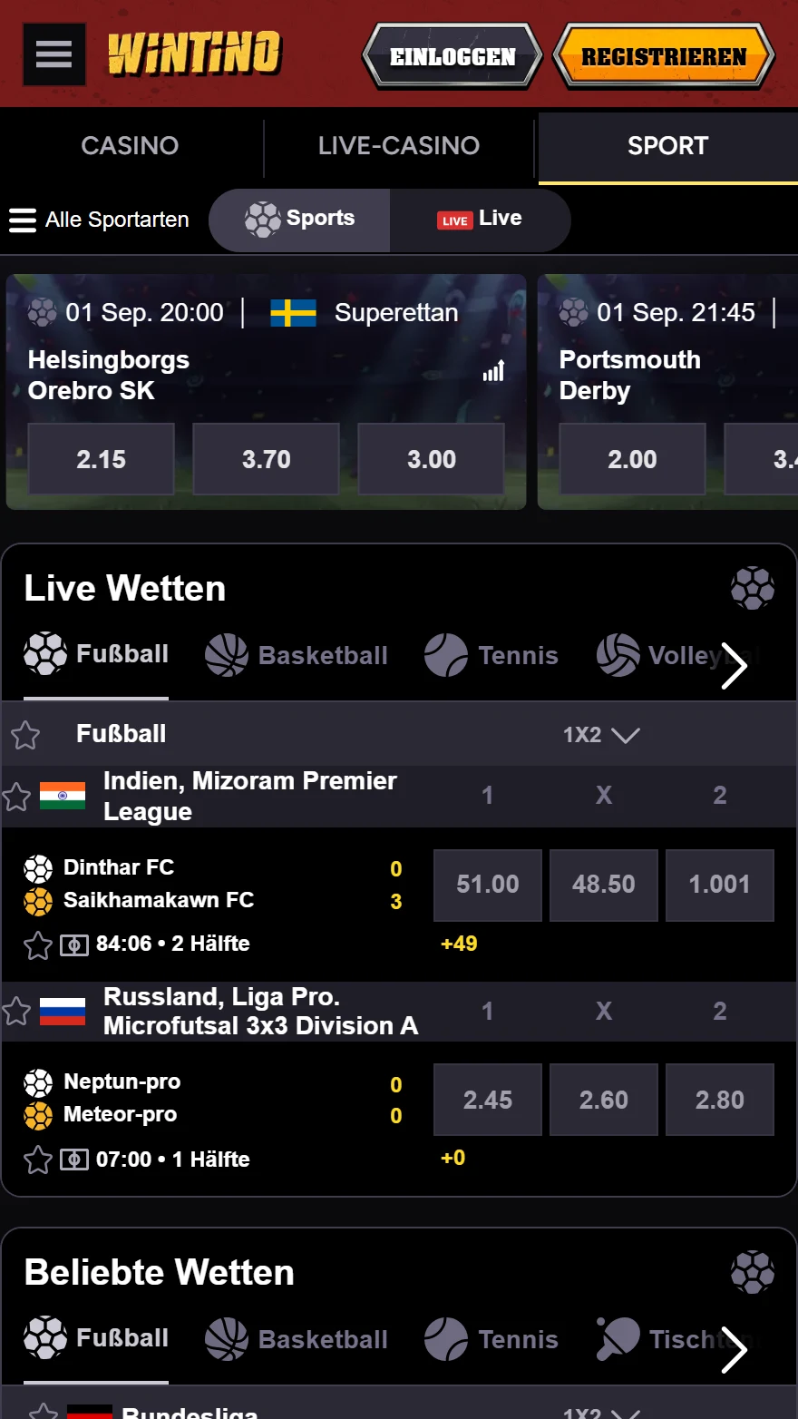 Wintino Sportwetten-Seite