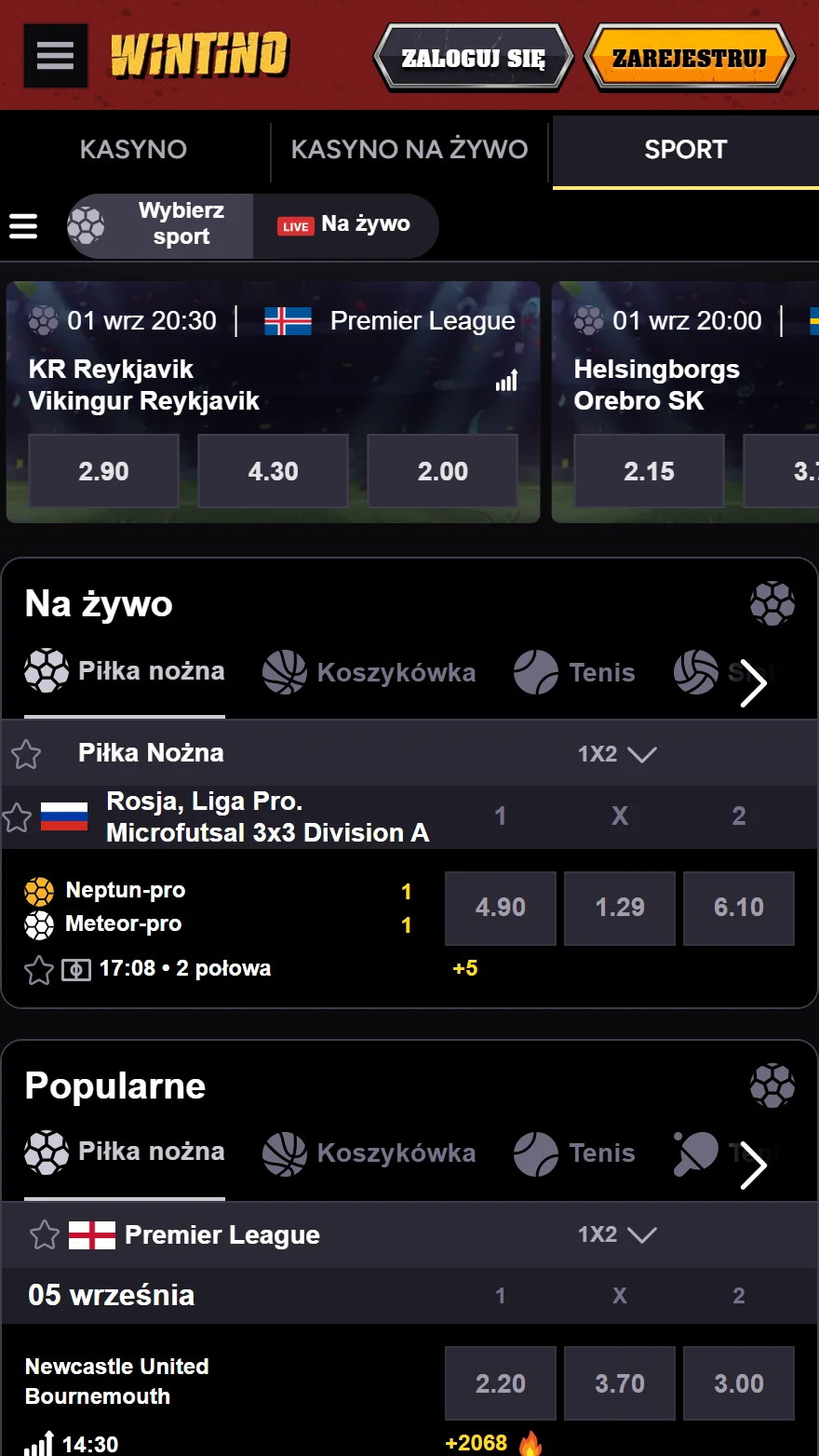 Strona z zakładami sportowymi Wintino