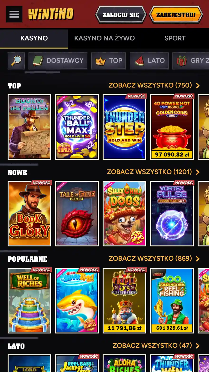Страница игр казино Wintino