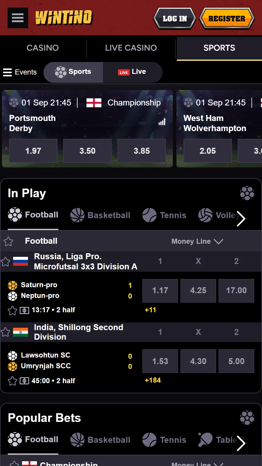 Wintino sports betting page