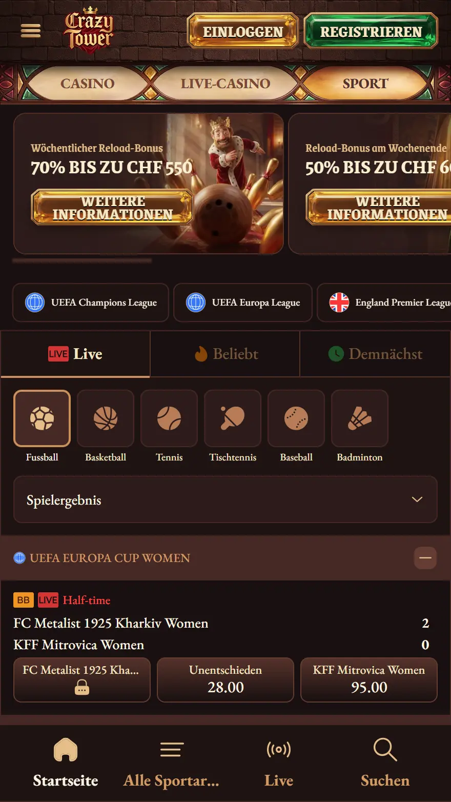 Crazy Tower Sportwetten-Seite