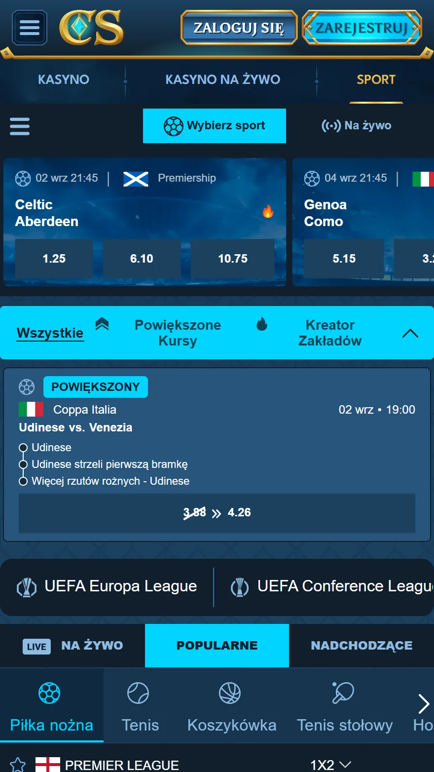Strona z zakładami sportowymi Casea