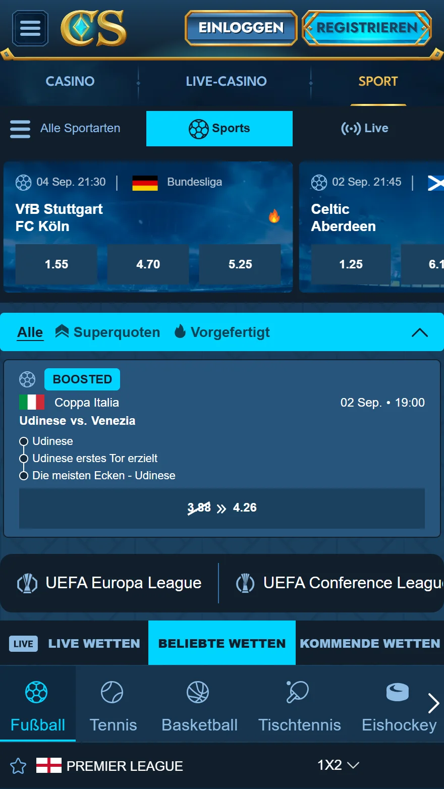 Casea Sportwetten-Seite