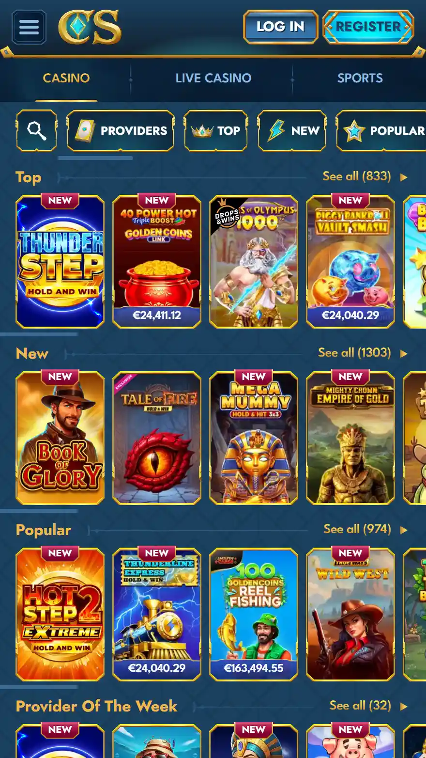Casea Casino games page