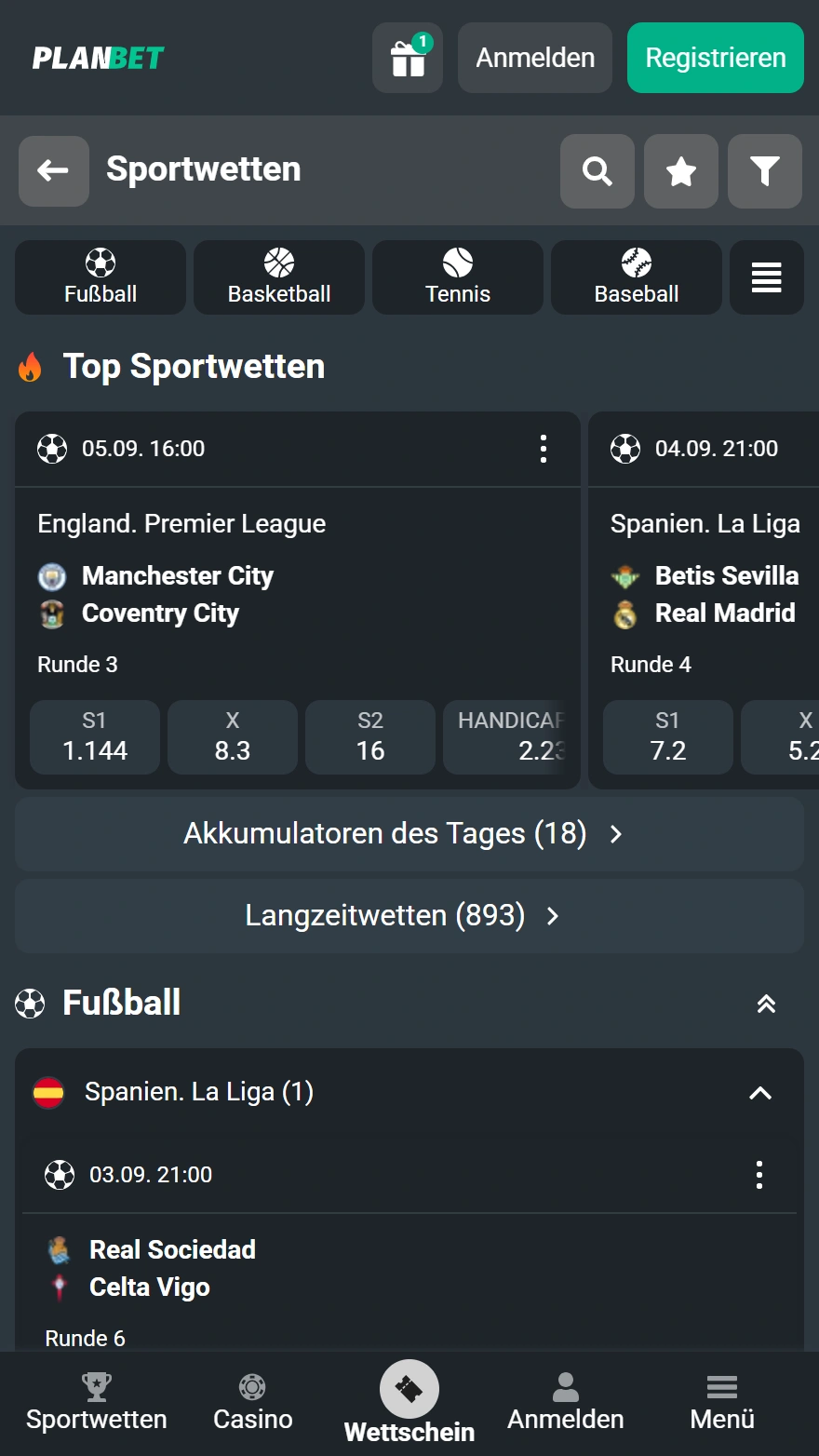 PlanBet-Sportwettenseite