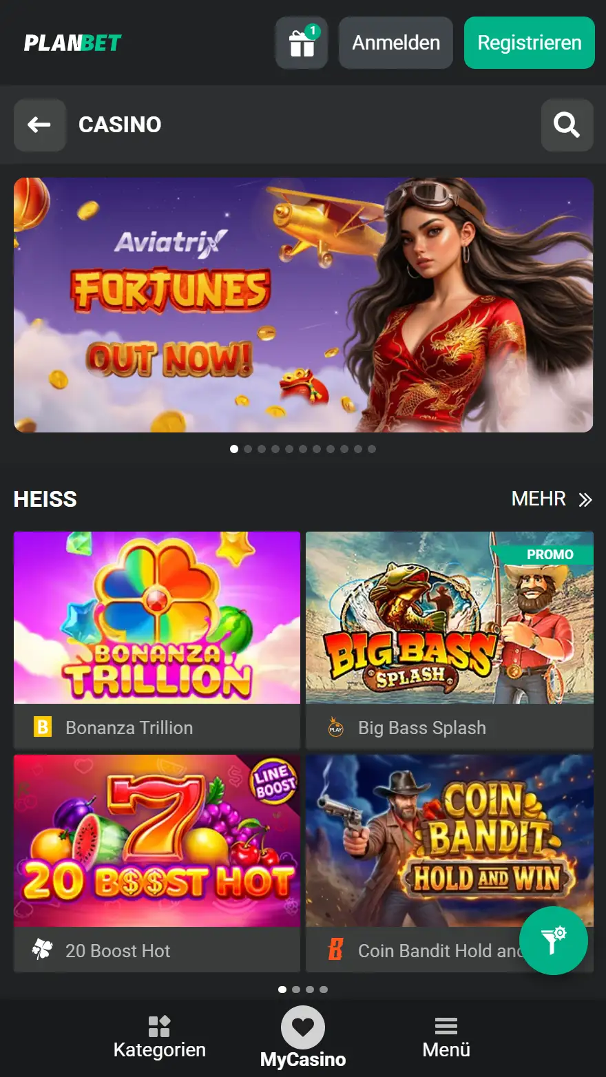 PlanBet Casino Spieleseite