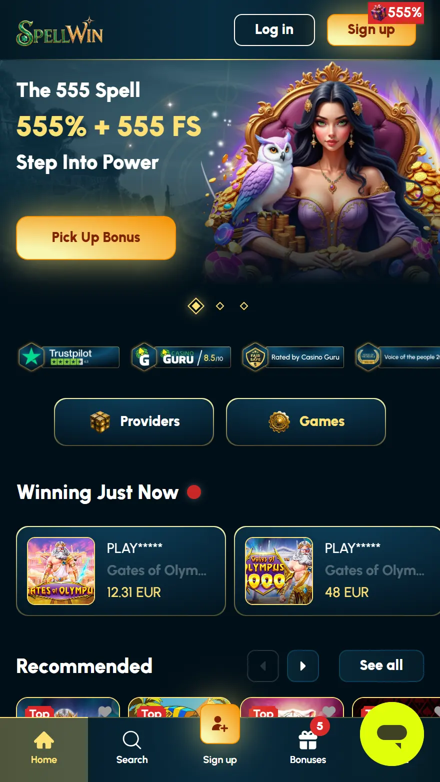 SpellWin kazino pagrindinis puslapis