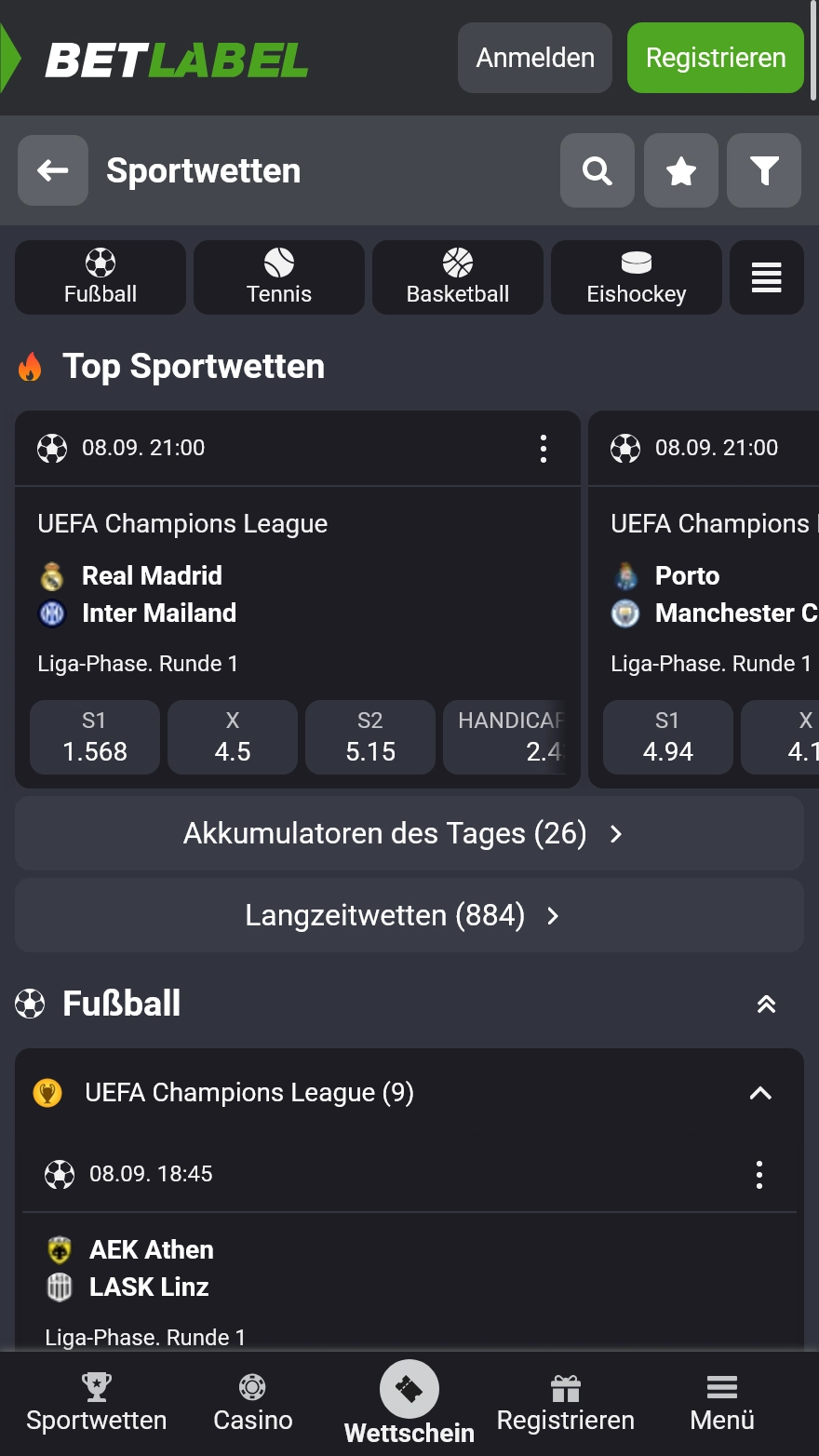 BetLabel Sportwetten-Seite