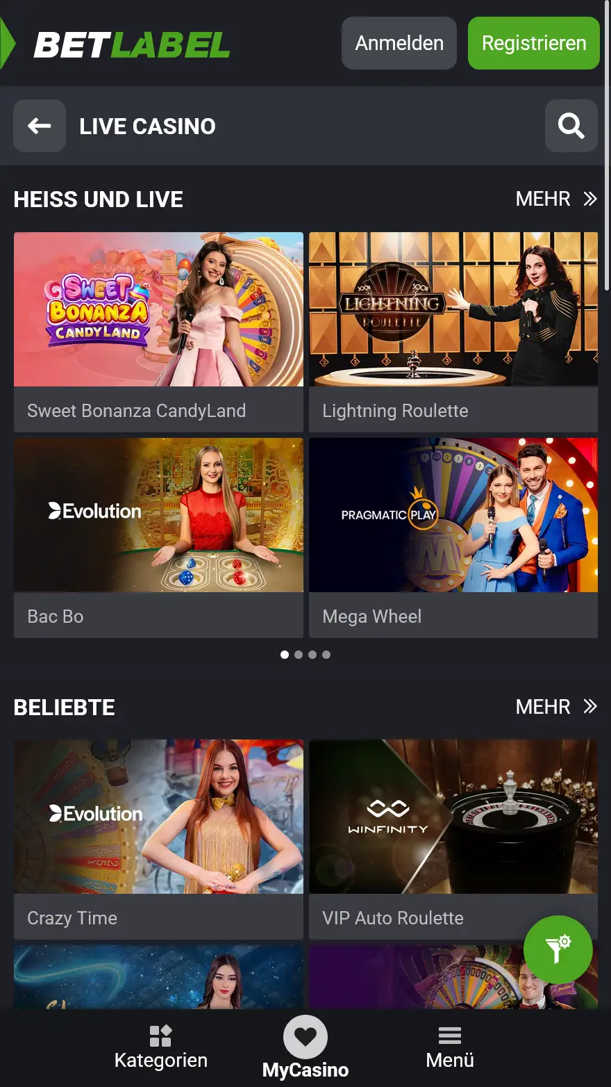 BetLabel Live-Casino-Seite