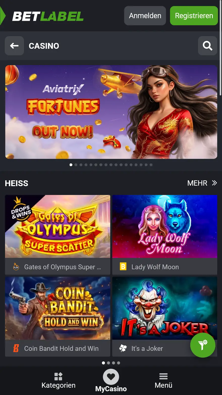BetLabel Casino-Spiele-Seite