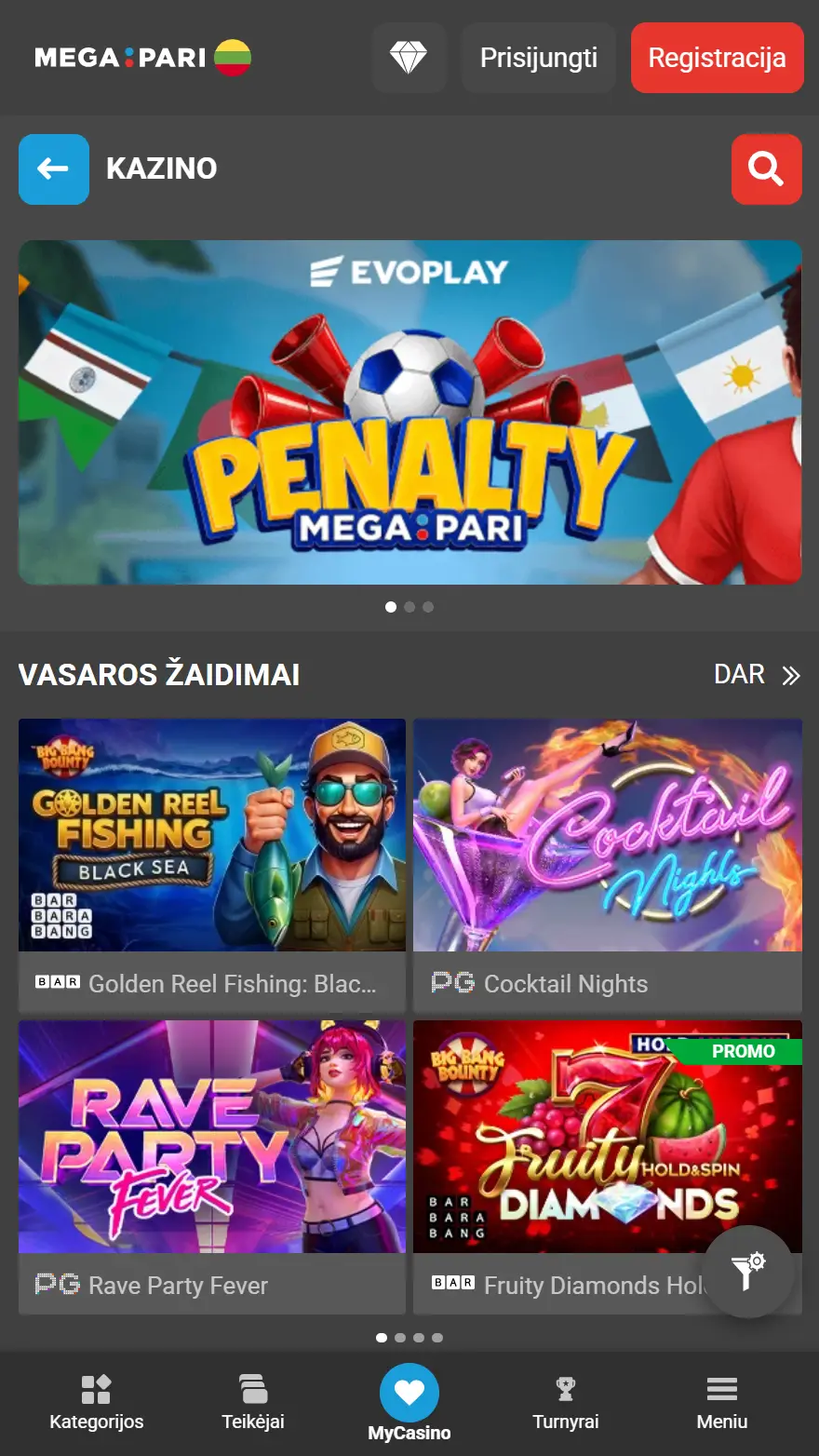 MegaPari kazino žaidimų puslapis