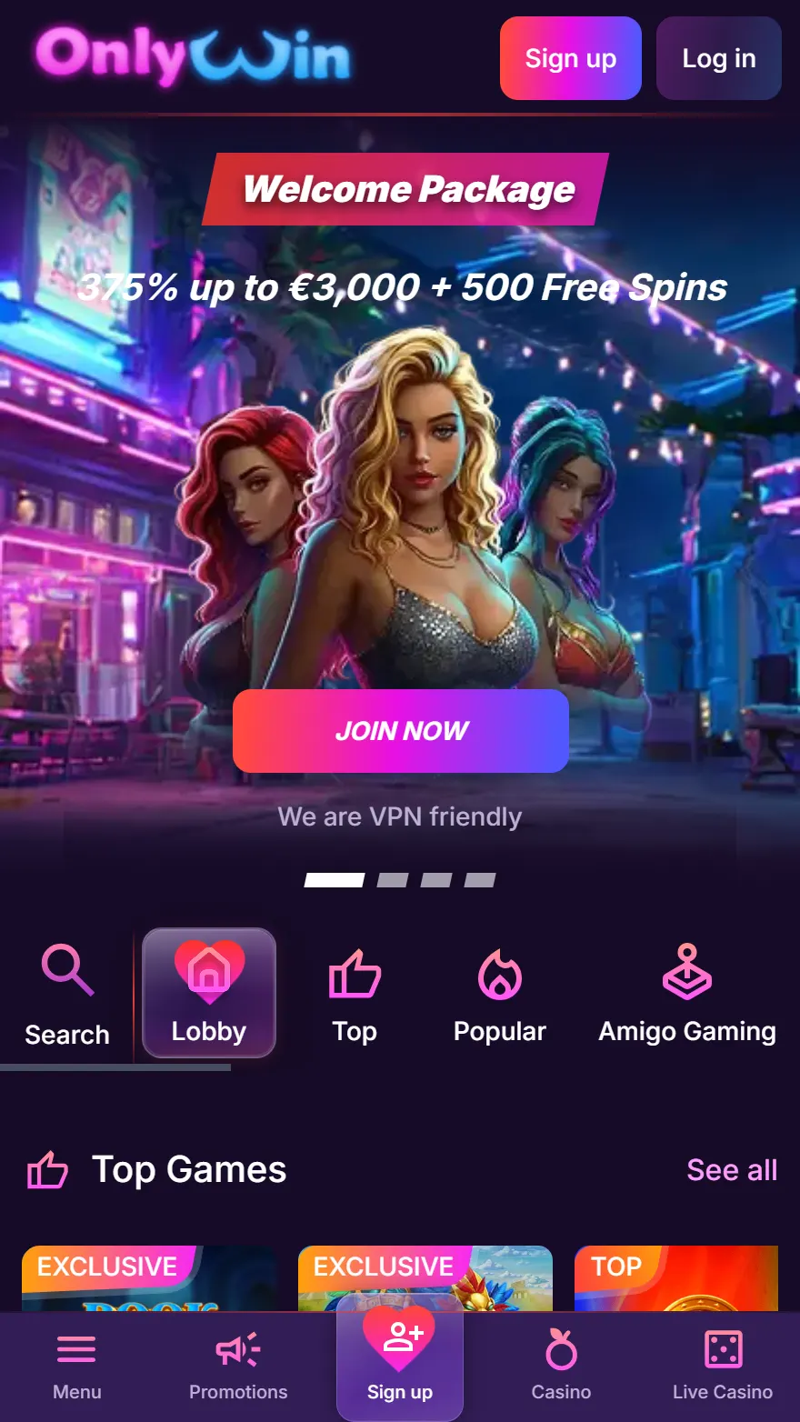 OnlyWin kazino mobilajā ierīcē