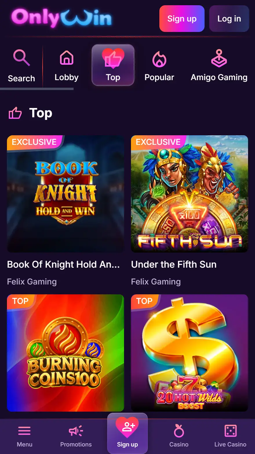 OnlyWin казино страница игр