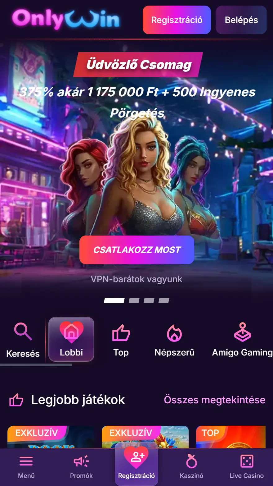 OnlyWin kaszinó honlapja
