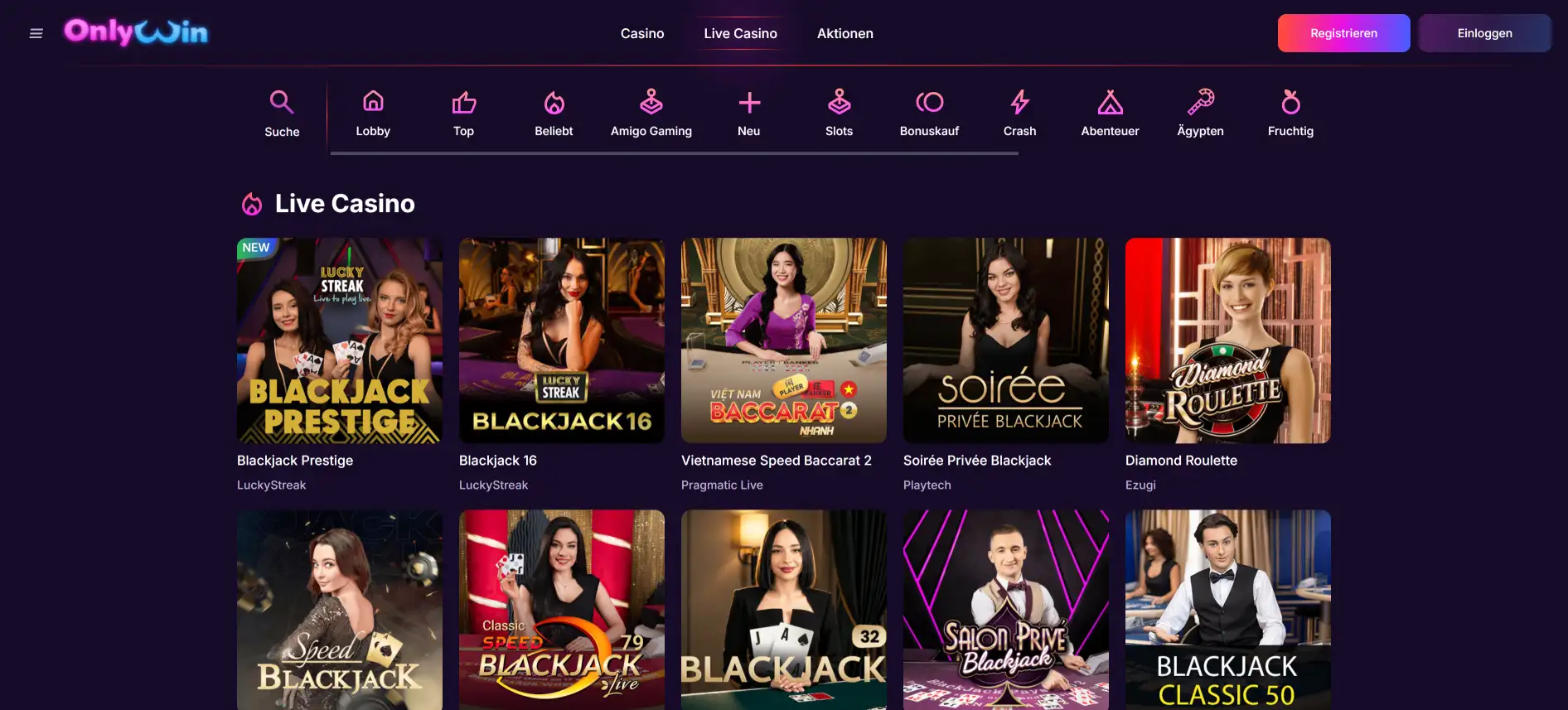 OnlyWin Live-Casino-Seite