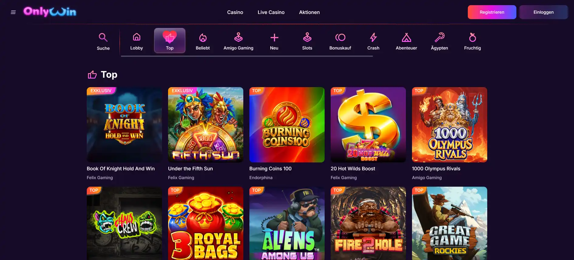 OnlyWin Casino-Spieleseite
