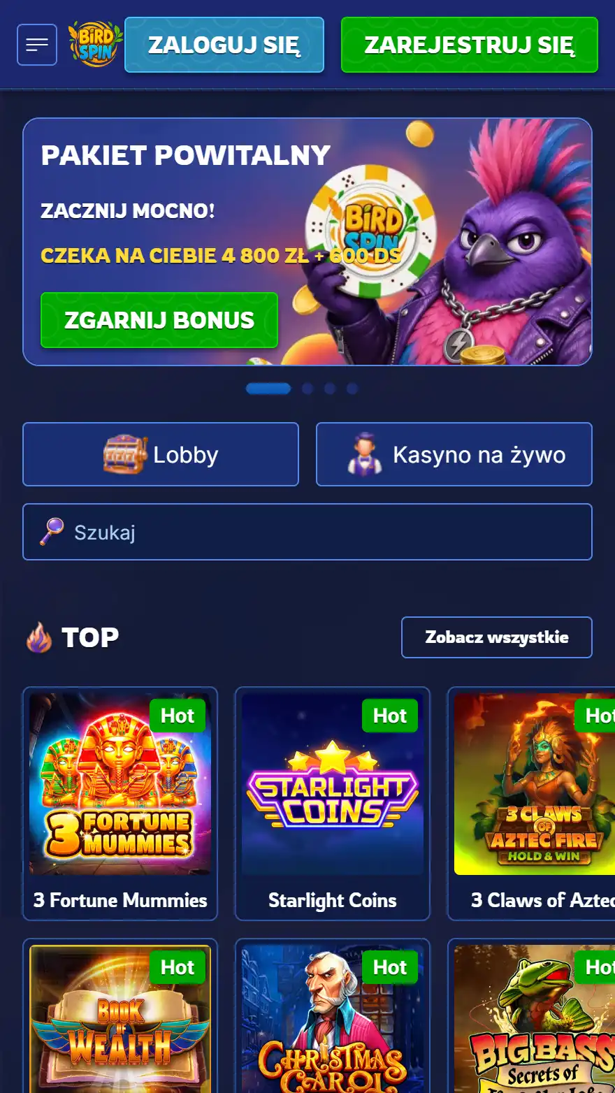 BirdSpin главная страница казино