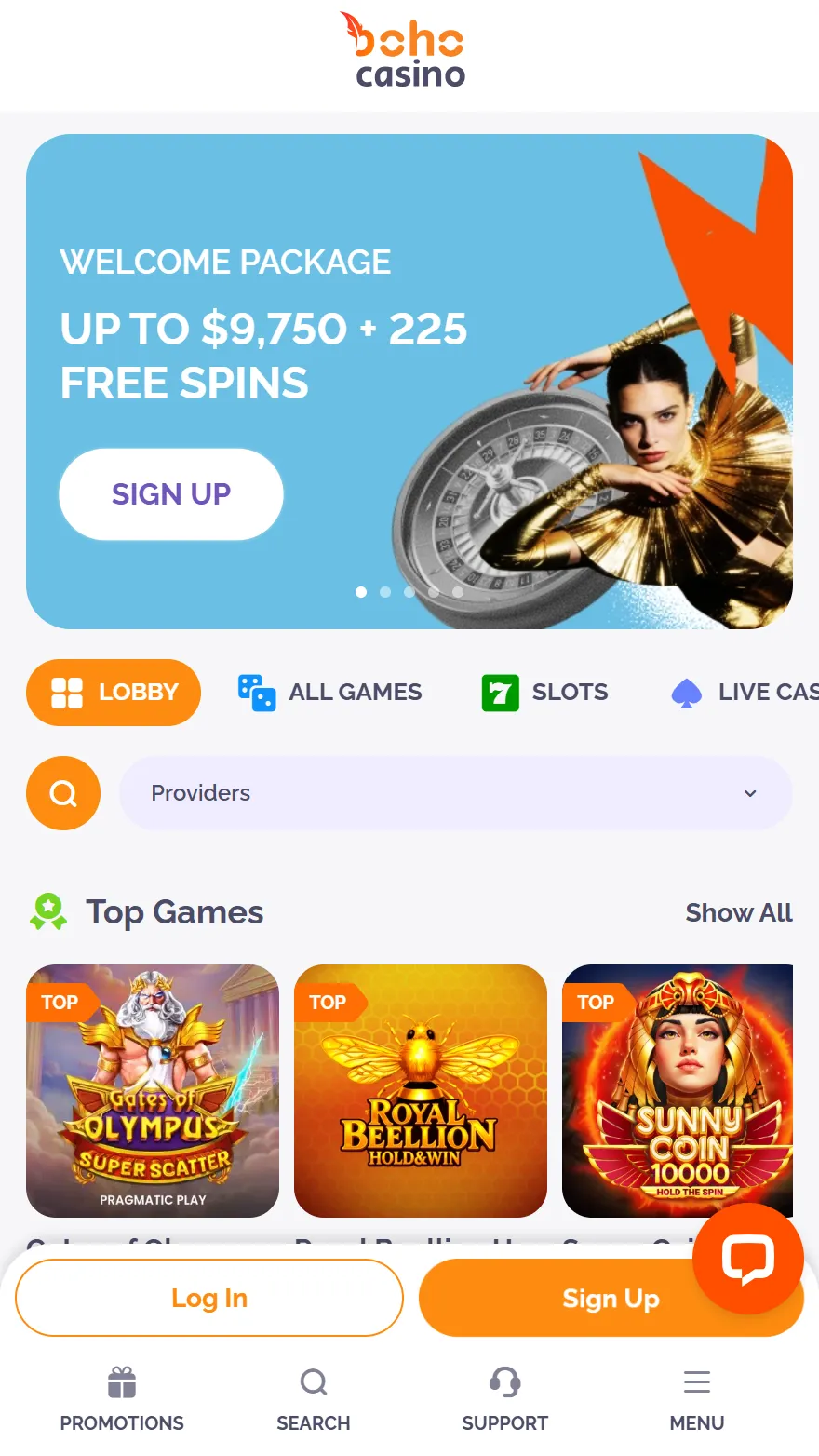 Boho Casino homepage