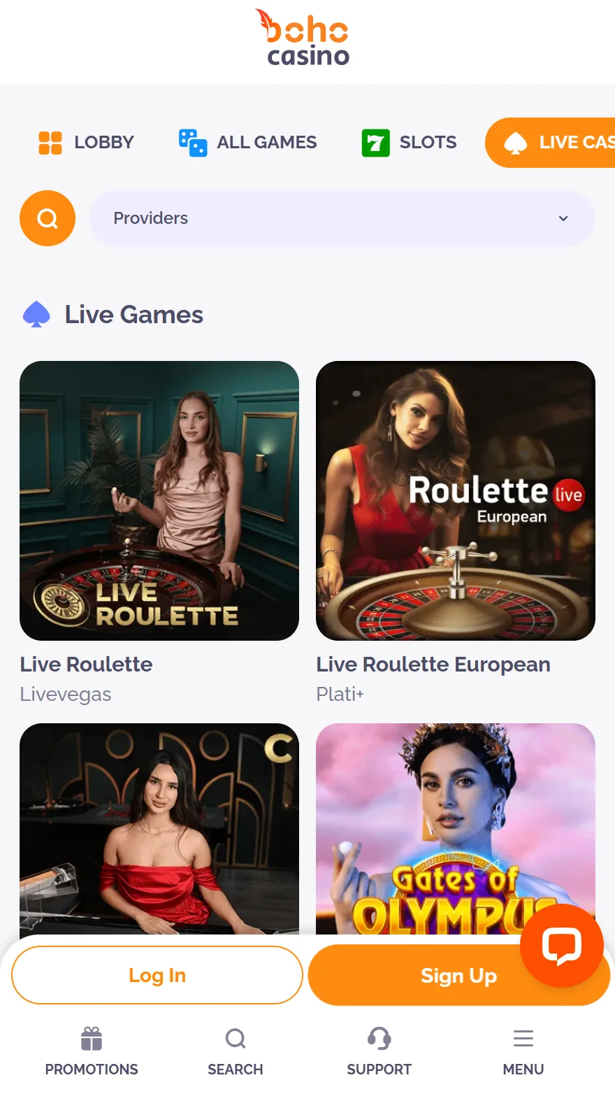 Boho Casino live casino page
