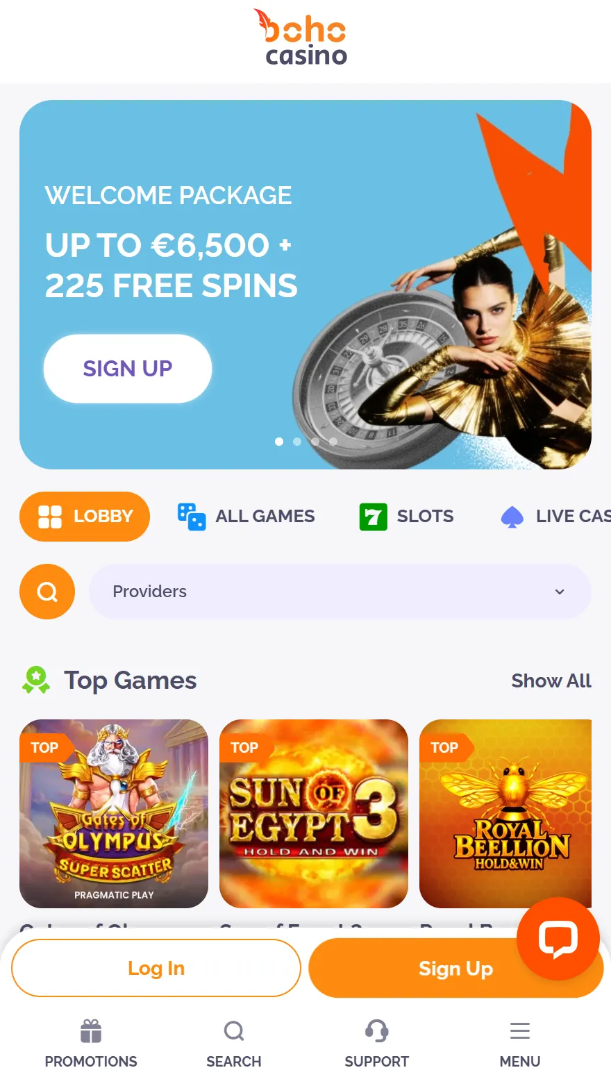 Boho Casino homepage