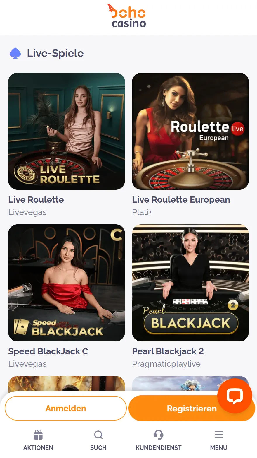 Boho Casino Live-Casino-Seite
