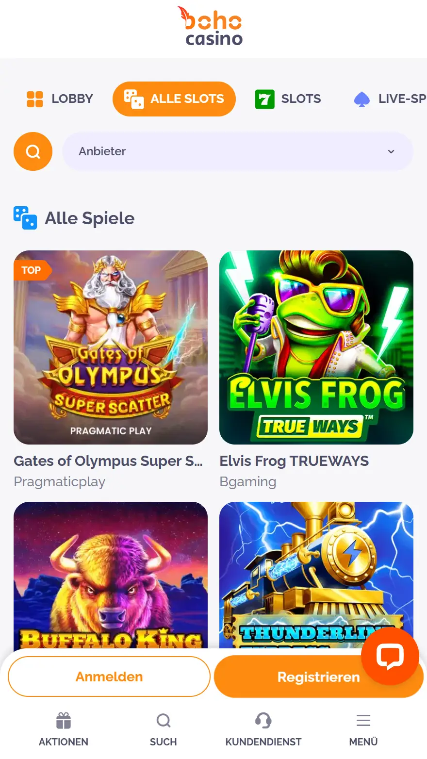 Boho Casino-Spieleseite
