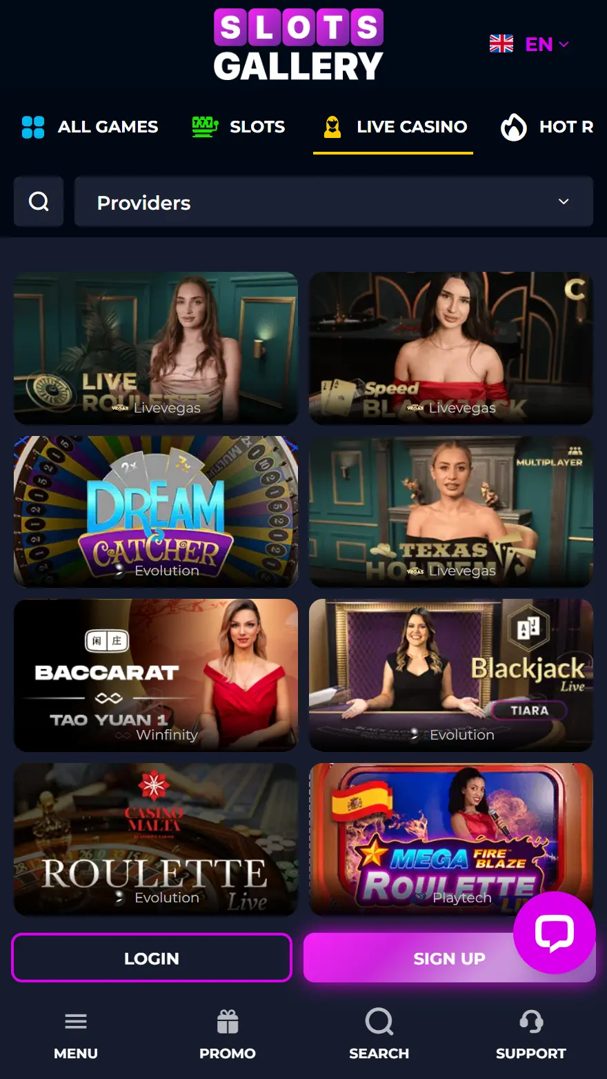 Slots Gallery live casino page