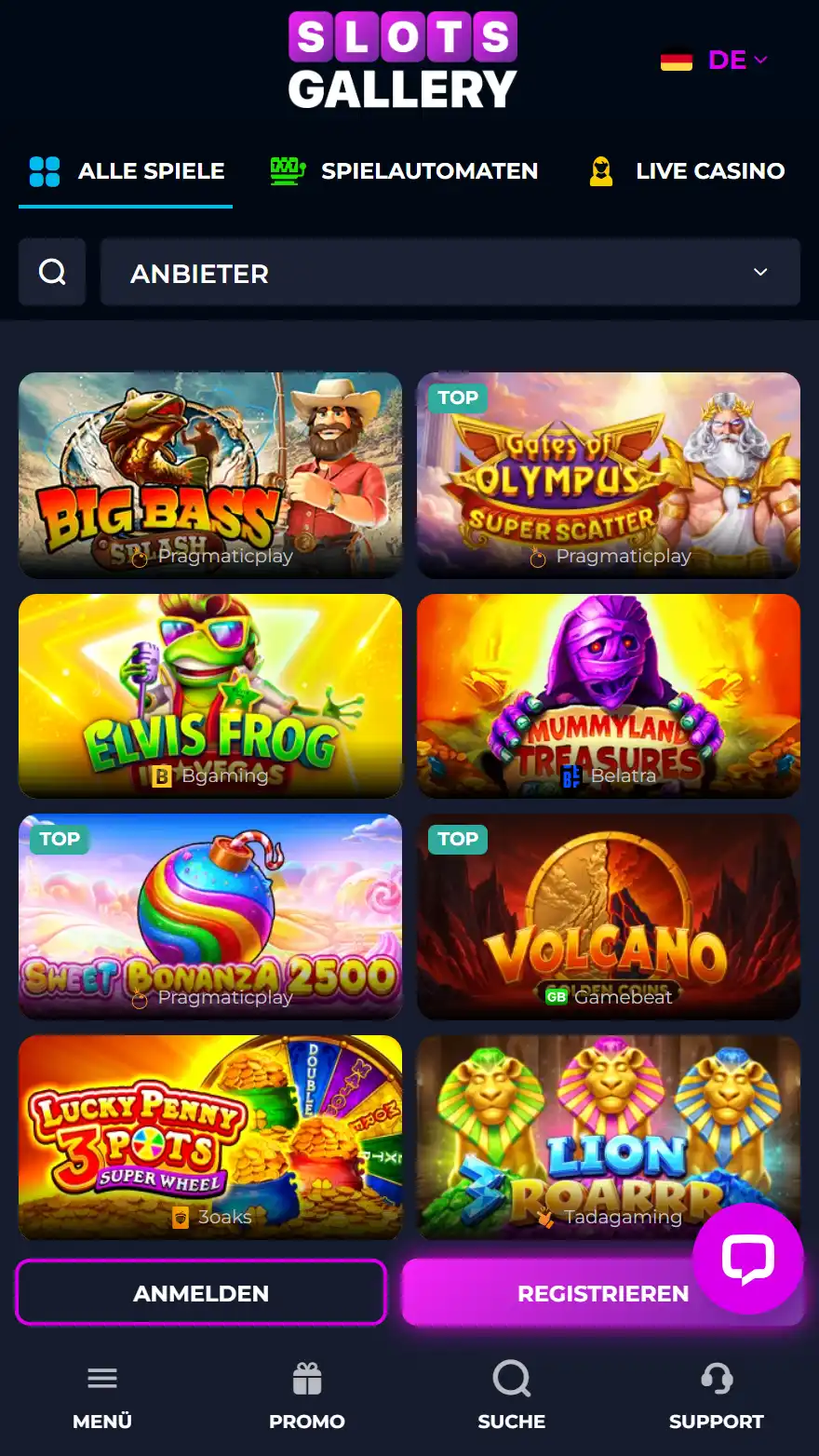 Slots Gallery Seite mit Casino-Spielen
